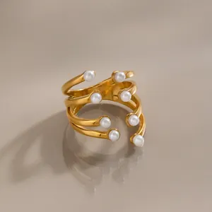 Niche Design Multi-layer Artificial Pearl Open Ring For Women 18K Gold Plated Stainless Steel Adjustable Fashion Jewelry Finger Ring