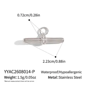 Detailed view of stainless steel T-bar pendant with cubic zirconia measurements and specs