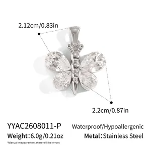 Detailed macro view of silver butterfly zircon pendant necklace showing product dimensions