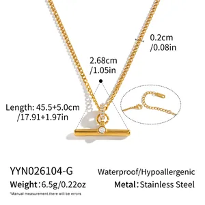 Detailed view of 18K gold plated T-bar pendant necklace with dimensions and materials