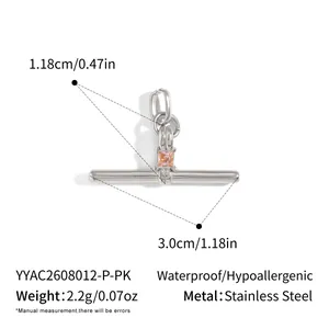 Detailed view of silver T-bar pendant with pink zircon showing exact dimensions and weight.