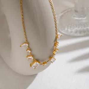 French Vintage Geometric Inlaid Zirconia Stainless Steel 18K Gold Plated Necklace Women Light Luxury Choker Chain Jewelry