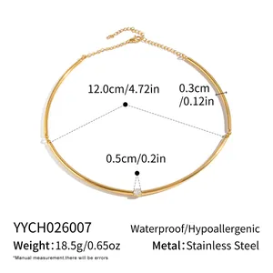 Detail view of minimalist stainless steel gold choker with dimensions and specs