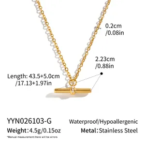 Detailed view of gold T-bar stainless steel necklace with size and weight specs