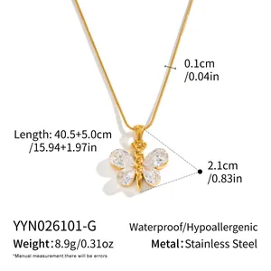 Detail view of butterfly zircon pendant necklace with size and material specifications