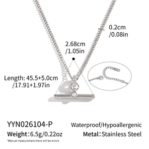 Detailed view of stainless steel T-pendant necklace with dimensions and material specs.
