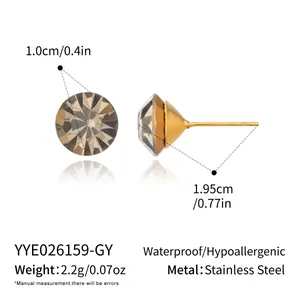 Detailed view of round crystal stud earrings with stainless steel posts and dimensions