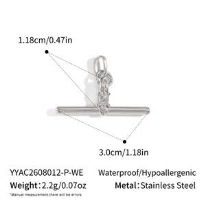 Detailed dimensions of the stainless steel T-bar pendant with a central zircon stone