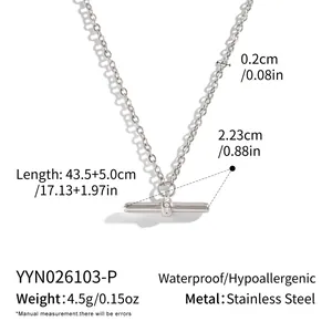 Detailed specifications of a stainless steel T-bar pendant necklace with zircon accents.