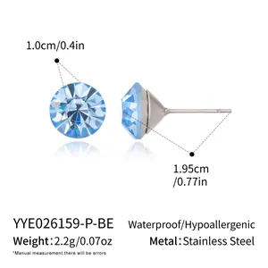 Detail showing dimensions and material of blue crystal stainless steel stud earrings