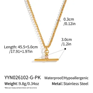 Detailed view of a gold T-bar pendant necklace with zircon and product dimensions.