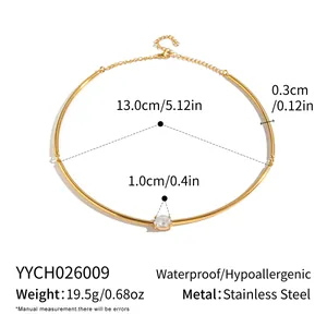 Detailed dimensions of minimalist gold stainless steel choker with zirconia stone.