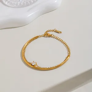 18K Gold Plated Stainless Steel Bracelet For Women Double Layer Round Rhinestone Inlaid Geometric Wristband Minimalist Jewelry
