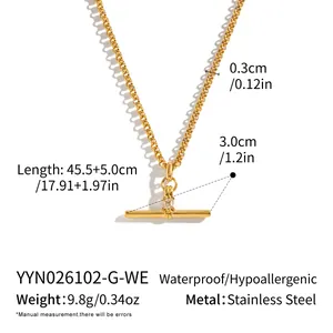 Detailed dimensions of gold T-bar necklace with zircon, showing 45.5cm chain length.