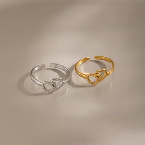 Minimalist 18K Gold Plated Stainless Steel Double Heart Hollow Open Ring Adjustable Interlocked Heart Jewelry For Women Gift