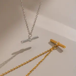 Niche Design T-Shape Rhinestone Pendant Stainless Steel Necklace For Women 18K Gold Plated Minimalist Clavicle Chain Jewelry
