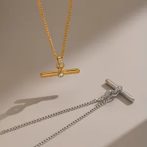 Minimalist Stainless Steel T-Bar Pendant Necklace For Women 18K Gold Silver Plated Rhinestone Inlaid Clavicle Chain Jewelry Gift