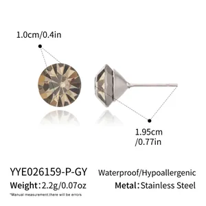 Detailed view of round crystal stud earrings with stainless steel dimensions and specs