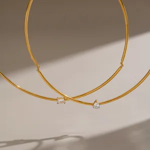 Detail of minimalist 18K gold plated choker with pear and square zircon stones