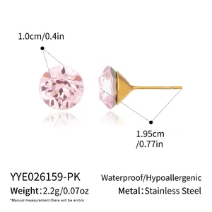 Dimension details for pink crystal stud earrings crafted in gold-plated stainless steel