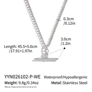 Detail view of silver stainless steel T-bar necklace with specifications and dimensions