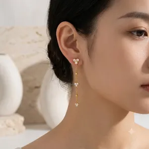 French vintage style zircon stainless steel 18K gold long tassel earrings for women