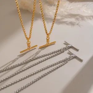 Minimalist Stainless Steel T-Bar Pendant Necklace For Women 18K Gold Plated Inlaid Zirconia Square Stone Chic Fashion Jewelry