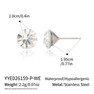 Detail view of round stainless steel crystal stud earrings with specific size specs