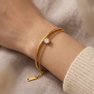 18K gold plated stainless steel double-layered bracelet with round cubic zirconia