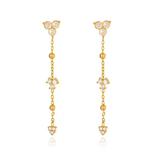 Elegant 18K gold plated stainless steel long tassel earrings with sparkling zircons