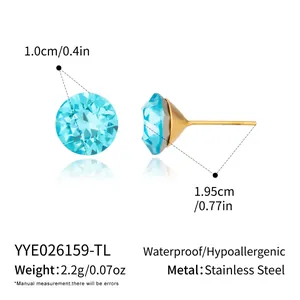 Blue round crystal stud earrings detail with dimensions and stainless steel material