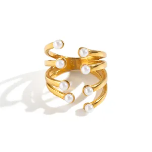 Multi-layer adjustable open ring in 18K gold-plated stainless steel with pearls