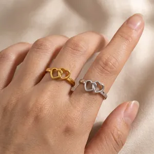 Minimalist 18K gold plated stainless steel interlocking heart open ring for women