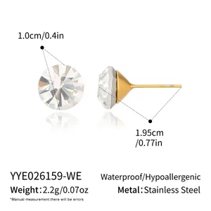 Detail view of round 18K gold plated stainless steel stud earrings with crystal glass