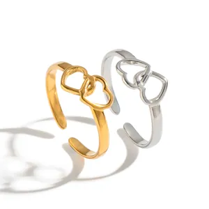 Minimalist stainless steel open rings with an intertwined hollow heart design for women