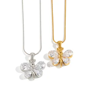 Elegant stainless steel dragonfly pendant necklace with sparkling cubic zirconia wings