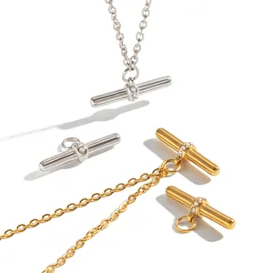 Modern minimalist T-bar zircon pendant necklace in 18K gold plated stainless steel jewelry.