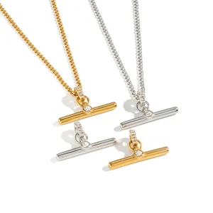 Minimalist stainless steel T-bar pendant necklace in gold and silver finish