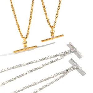 Minimalist 18K gold and silver plated T-shape zircon pendant necklace for women