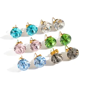 Set of stainless steel 18K gold plated round stud earrings with colorful crystal glass