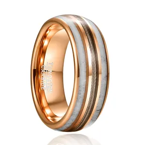 Men Tungsten Ring Rose Gold Plated Inlaid Deer Antler Steel Wire Wrapped Personality Band Ring For Men Unisex Jewelry Gift