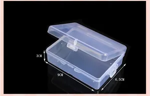 Detailed view showing dimensions of transparent rectangular PP plastic storage box 9x6.5x3cm