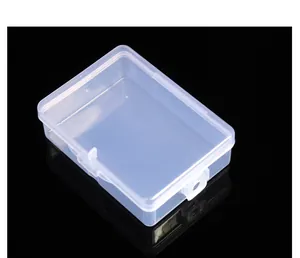 Detailed view of a small transparent rectangular PP plastic storage box with latch