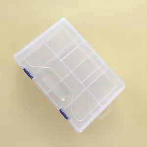 Vista detallada de la caja organizadora de plástico transparente de 8 compartimentos con cierres