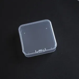 Detail macro view of a 6.5cm square transparent PP plastic storage box with a secure lid