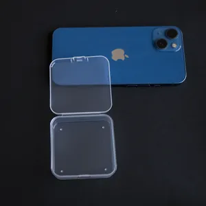 Macro detail of a 6.5cm square transparent PP plastic storage box for industrial parts