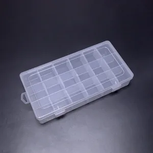 Vue détaillée des 18 compartiments d'une boîte de rangement transparente en plastique PP robuste