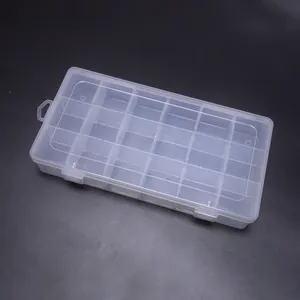 Vue détaillée de la boîte de rangement transparente en PP à 18 compartiments.