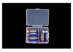 Detailed view of transparent rectangular PP plastic box storing several AA batteries