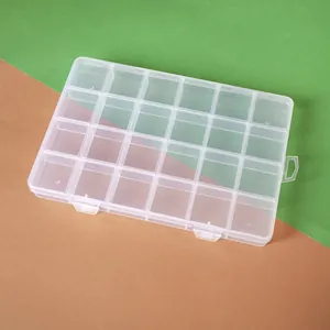 Detailed view of a 24-grid fixed transparent plastic storage box for DIY jewelry beads
